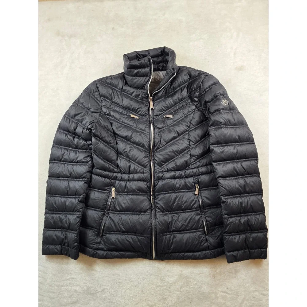 Michael Kors Puffer Jacket Womens Small Black Down Packable Chevron Quilted